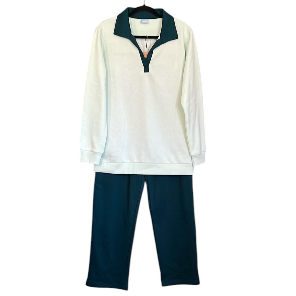 New Comfort Corner Two-Piece Set Top & Pants Size Large (L/A) Mint & Dark Green